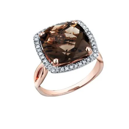 10K Rose Gold (12mm) Cushion Checkered Cut Smokey Quartz and Diamond Halo Ring