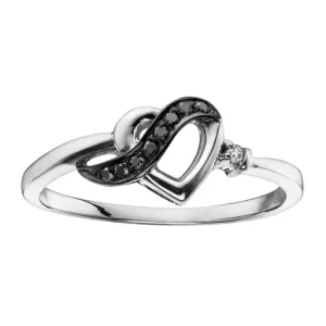 10K White Gold (0.05ct) Diamond and Black Diamonds Heart Ring
