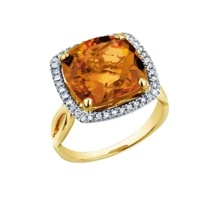 10K Yellow Gold (12mm) Cushion Checkered Cut Citrine and Diamond Halo Ring