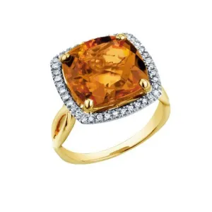 10K Yellow Gold (12mm) Cushion Checkered Cut Citrine and Diamond Halo Ring