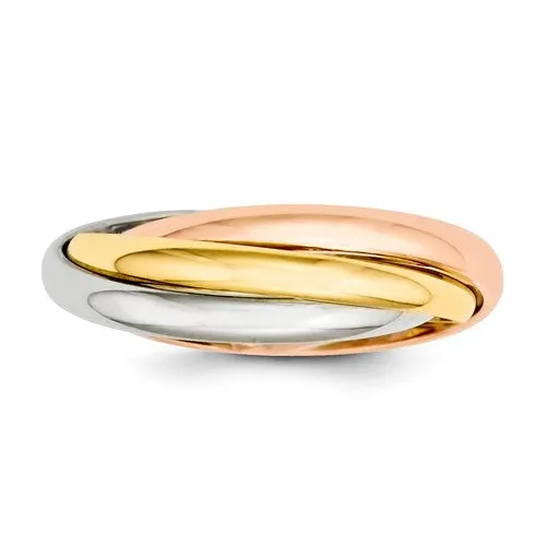 14k Gold Interwoven Tri-Color Rolling Wedding Ring in 14k Rose, White and Yellow Gold