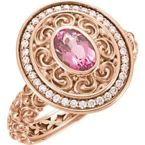 14K Rose 7x5 mm Pink Tourmaline & 1/6 CT Diamond Ring