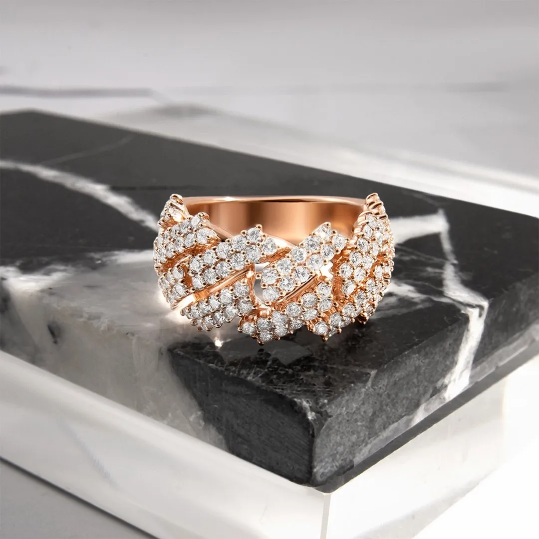 14k Rose Gold Diamond Cuban Link Half Band Ring 2.4 Ctw