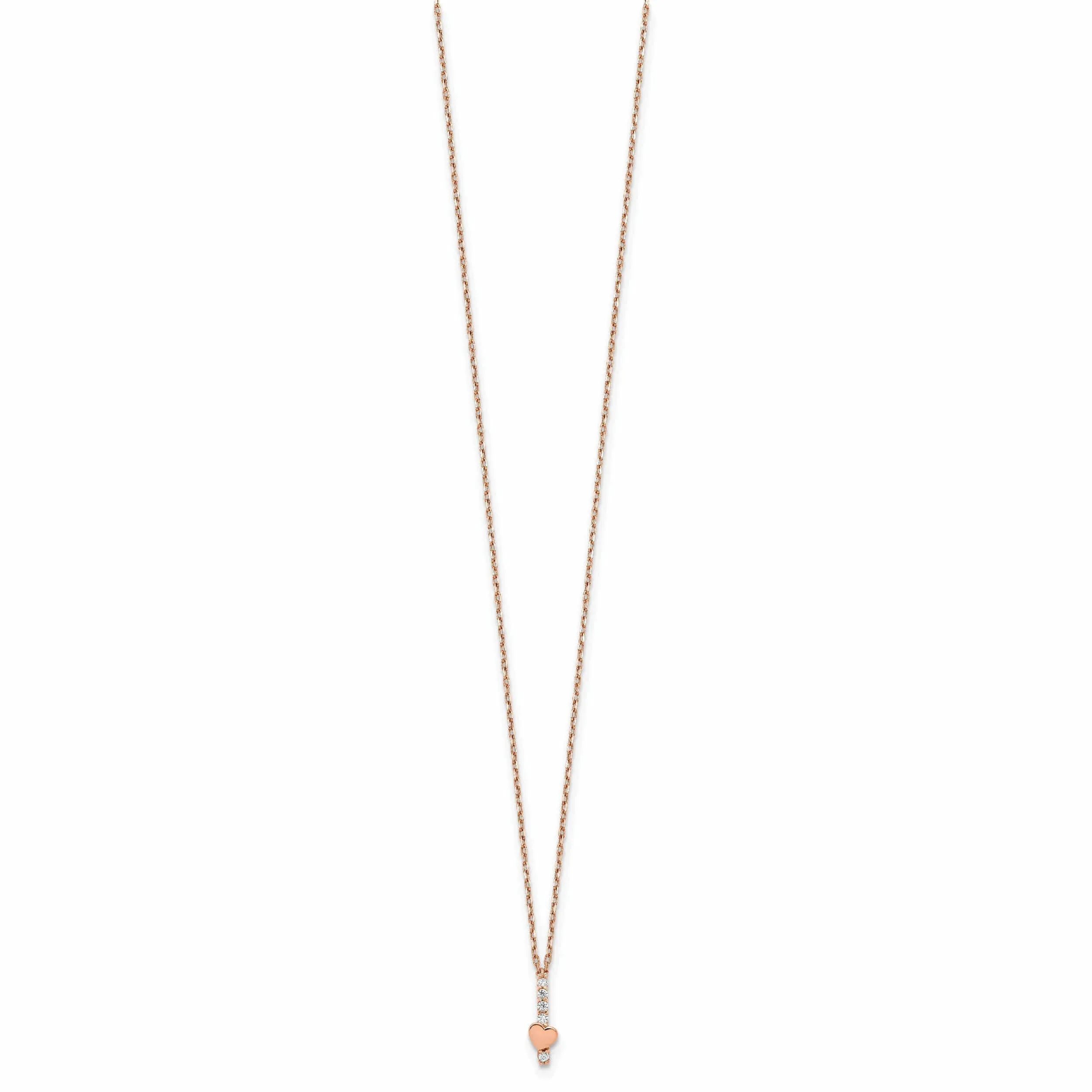 14k Rose Gold Solid Polished Finish Cubic Zirconia Heart Design with 1.25 in ext 15-inch Cable Chain Necklace