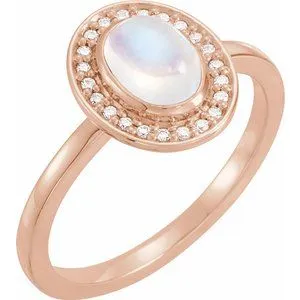 14K Rose Rainbow Moonstone & 1/10 CTW Diamond Halo-Style Ring