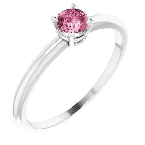14K White 3 mm Round Pink Tourmaline Birthstone Ring Size 3