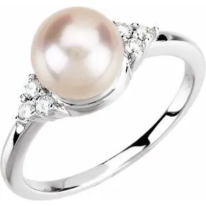 14K White 7.5-8 mm Freshwater Cultured Pearl & 1/8 CTW Diamond Ring