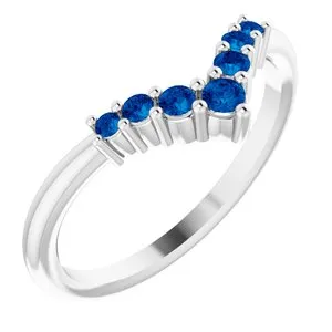 14K White Blue Sapphire Graduated "V" Ring