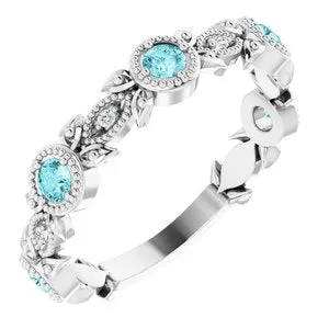 14K White Blue Zircon & .03 CTW Diamond Leaf Ring