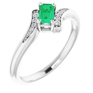 14K White Chatham® Created Emerald & .04 CTW Diamond Ring