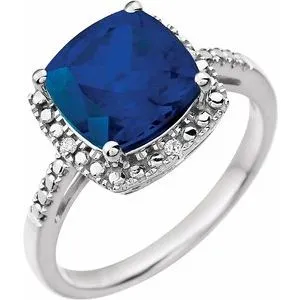 14K White Created Blue Sapphire & .03 CTW Diamond Ring