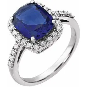 14K White Created Blue Sapphire & .07 CTW Diamond Ring
