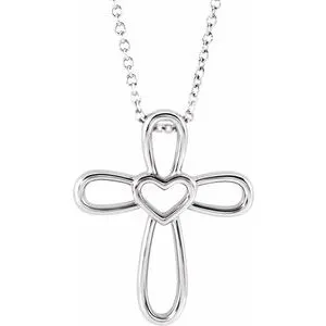 14K White Cross with Heart 16-18" Necklace