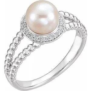 14K White Freshwater Cultured Pearl & .08 CTW Diamond Halo-Style Beaded Ring
