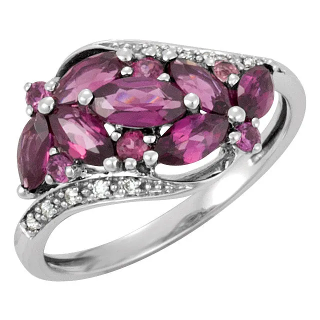 14k White Gold Brazilian Garnet & Diamond Accented Bypass Ring, Size 7