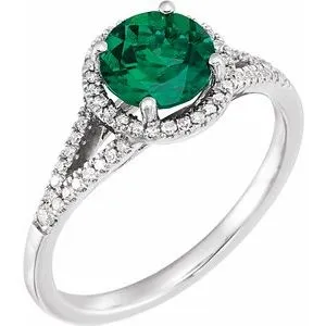 14K White Lab-Created Emerald & 1/6 CTW Diamond Ring