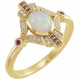 14K Yellow Cabochon Ethiopian Opal, Pink Sapphire & .06 CTW Diamond Ring