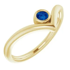 14K Yellow Chatham® Created Blue Sapphire Solitaire Bezel-Set "V" Ring