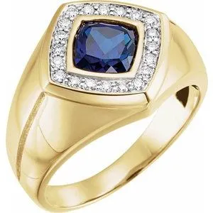 14K Yellow Men's Created Blue Sapphire & .025 CTW Diamond Ring