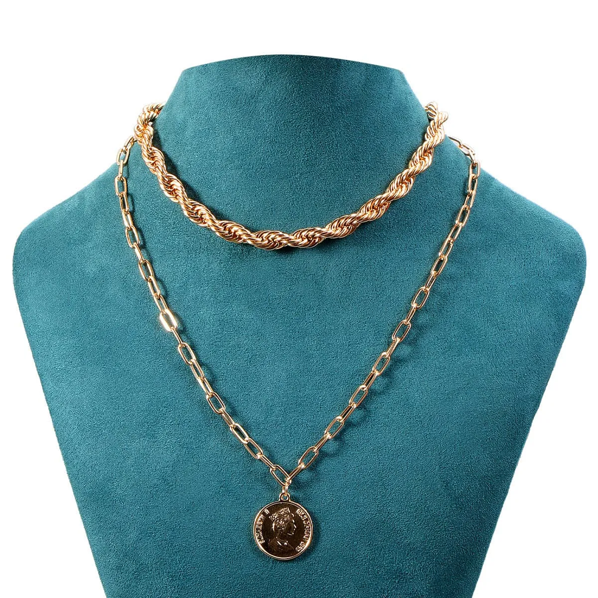 18K Gold-Plated Twisted Coin Pendant Necklace Set
