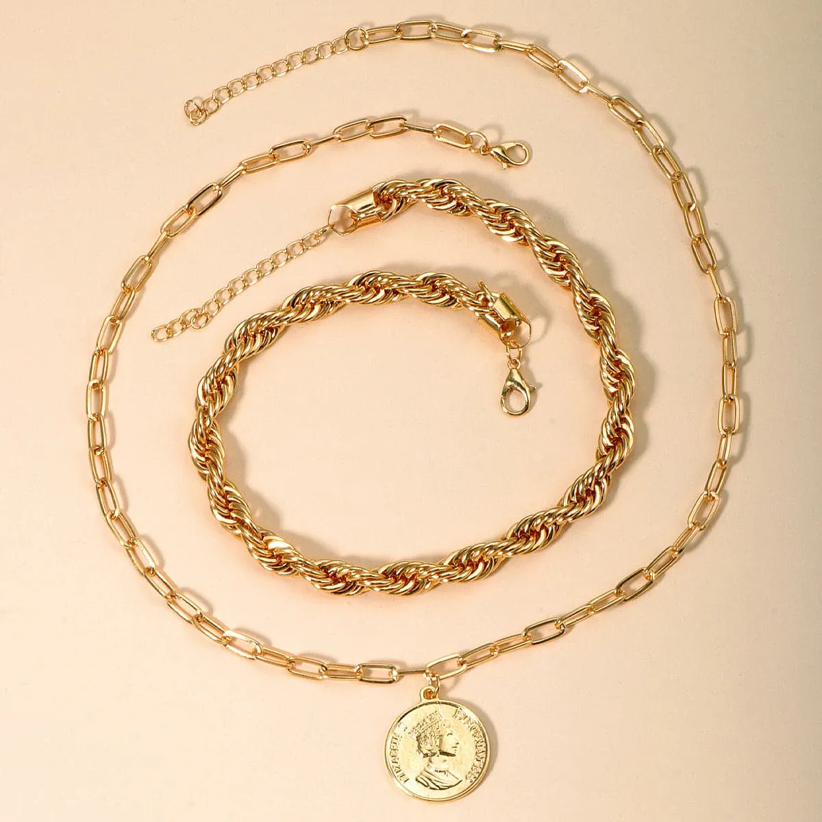 18K Gold-Plated Twisted Coin Pendant Necklace Set