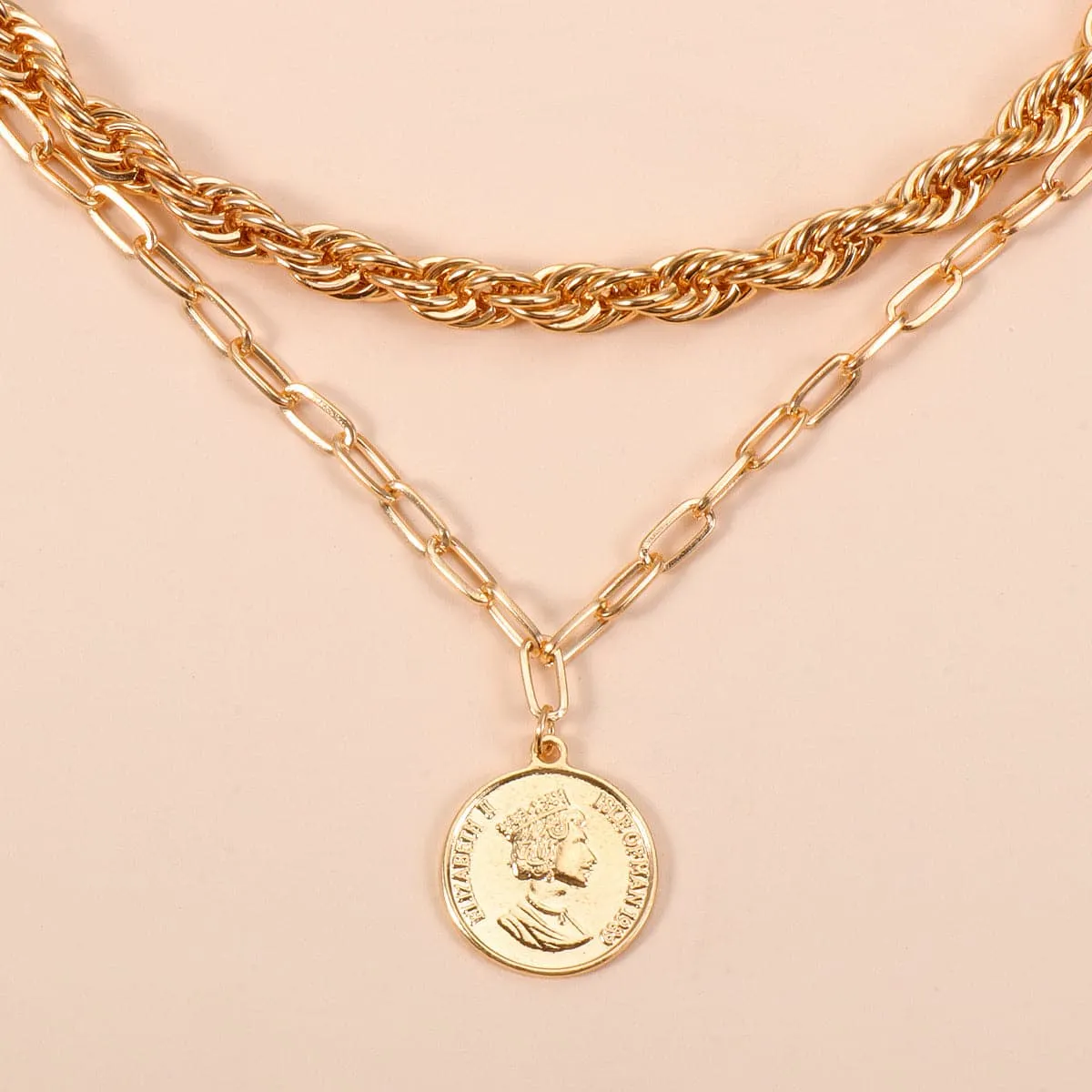 18K Gold-Plated Twisted Coin Pendant Necklace Set