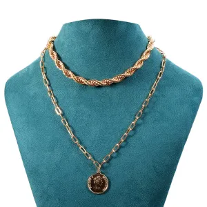 18K Gold-Plated Twisted Coin Pendant Necklace Set