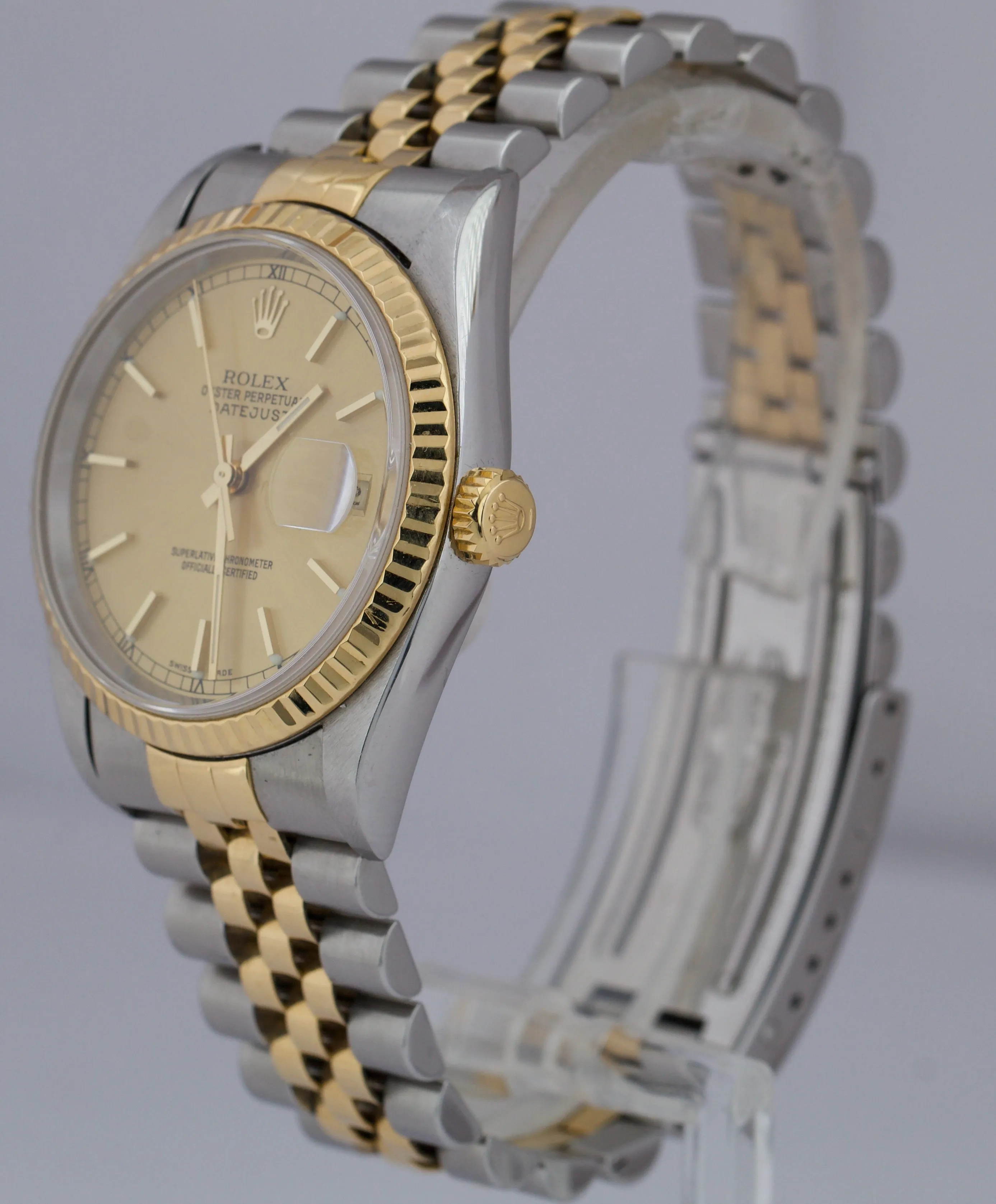 1997 Rolex DateJust 36mm 18K Two-Tone NO HOLES Champagne Jubilee Watch 16233