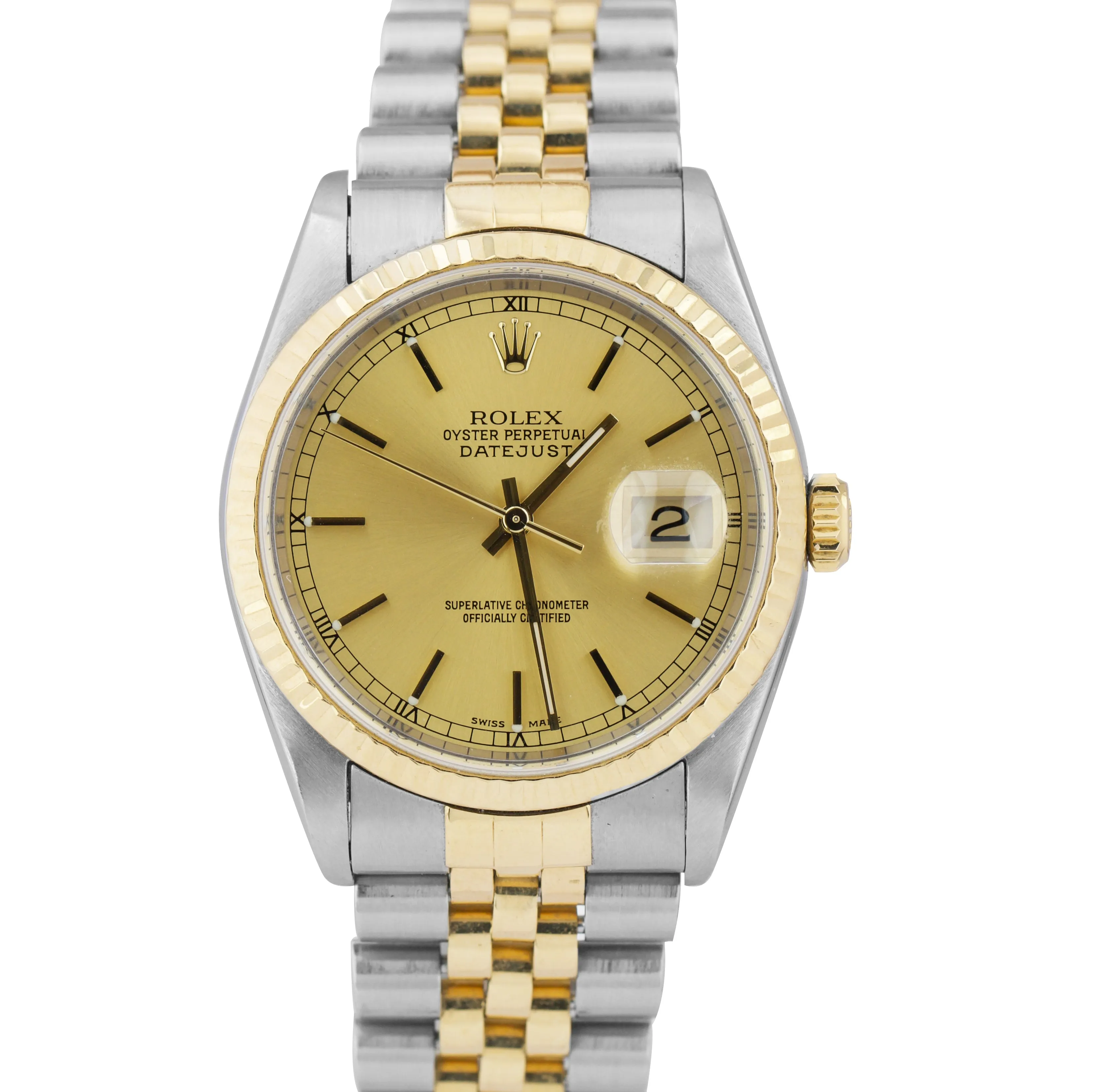 1997 Rolex DateJust 36mm 18K Two-Tone NO HOLES Champagne Jubilee Watch 16233