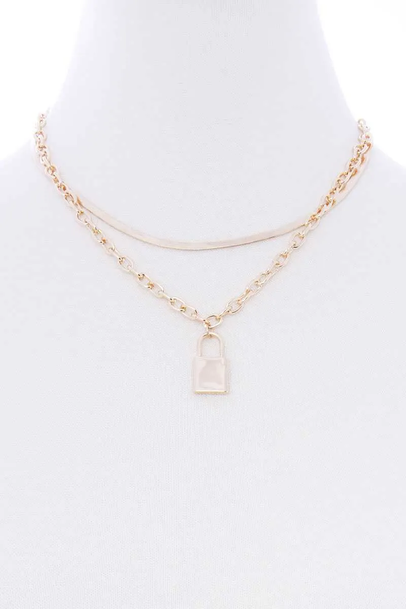 2 Layered Lock Pendant Metal Necklace