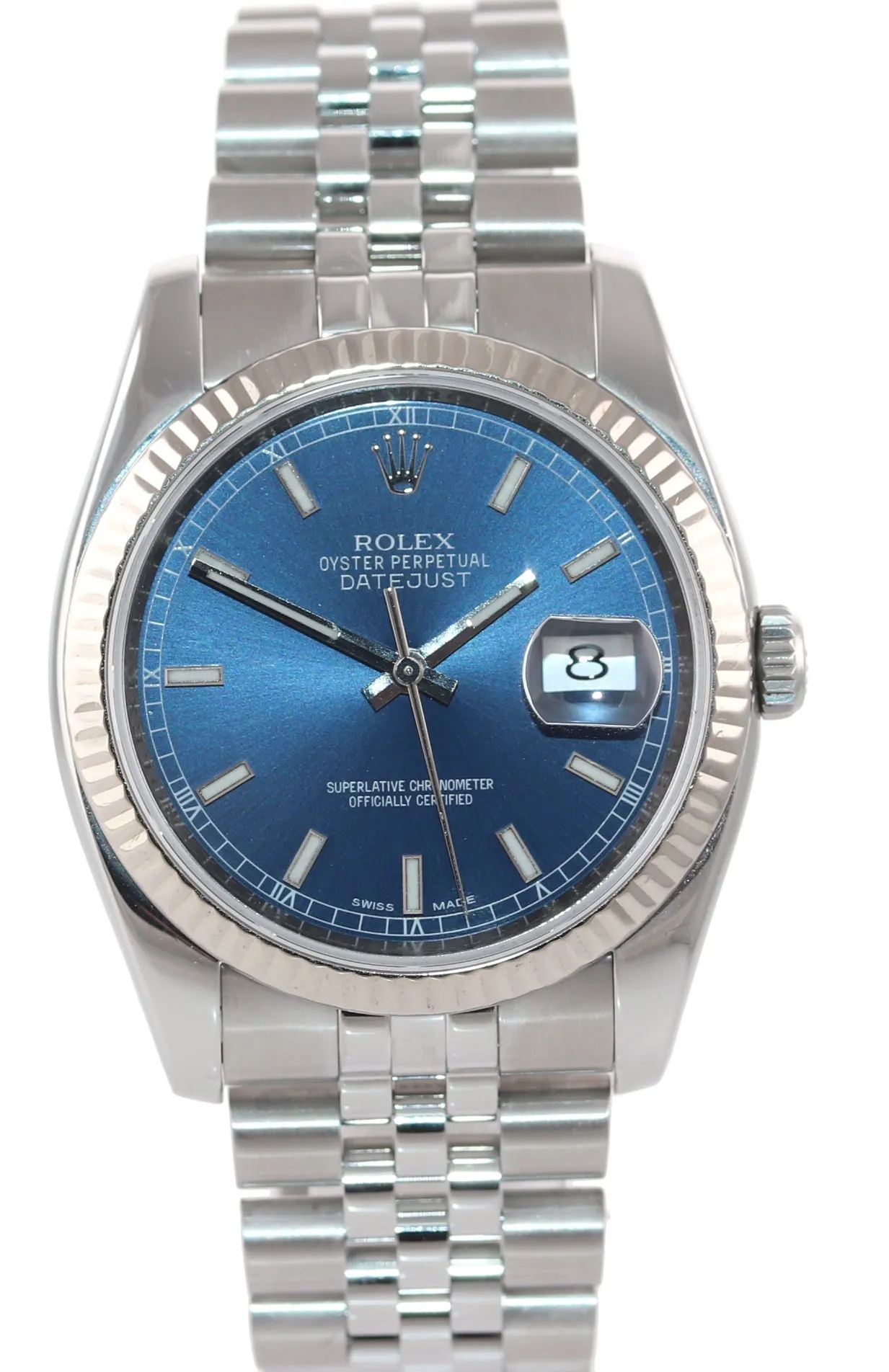 2015 Rolex DateJust Steel Blue Stick Dial 116234 36mm Super Jubilee Watch
