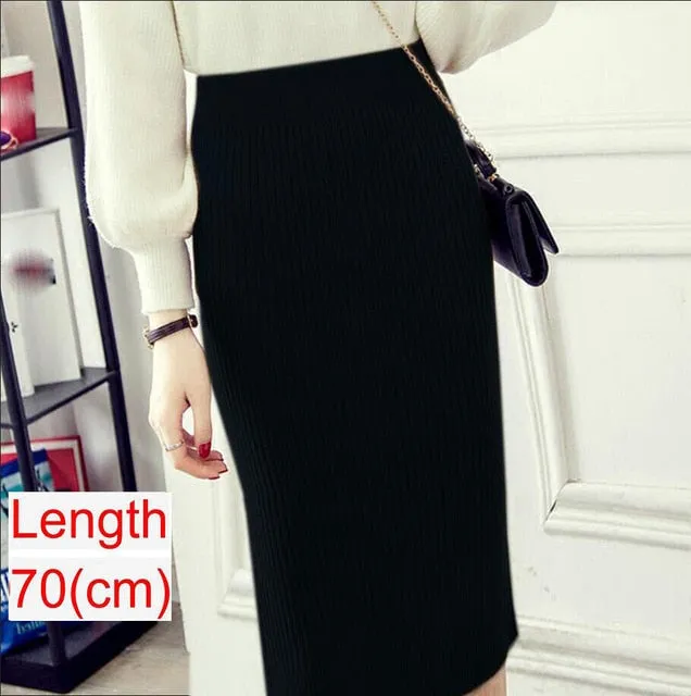2020 Women Office Skirt Spring autumn Sexy Warm Knitted Black Pencil Skirts Ladies High Waist Elegant Long Skir Party Club Skirt