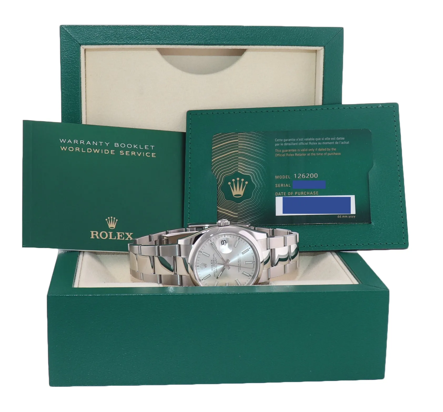 2021 PAPERS Rolex DateJust Silver Stick 36mm 126200 Steel Oyster Watch Box