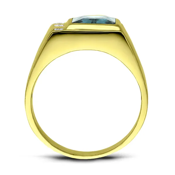 3 Diamond Accents 18K Gold Plated on 925 Real Solid Silver Mens Blue Topaz Ring