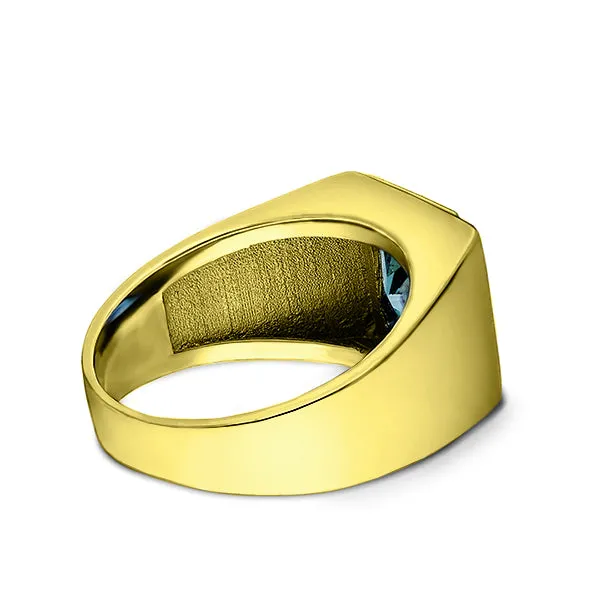 3 Diamond Accents 18K Gold Plated on 925 Real Solid Silver Mens Blue Topaz Ring