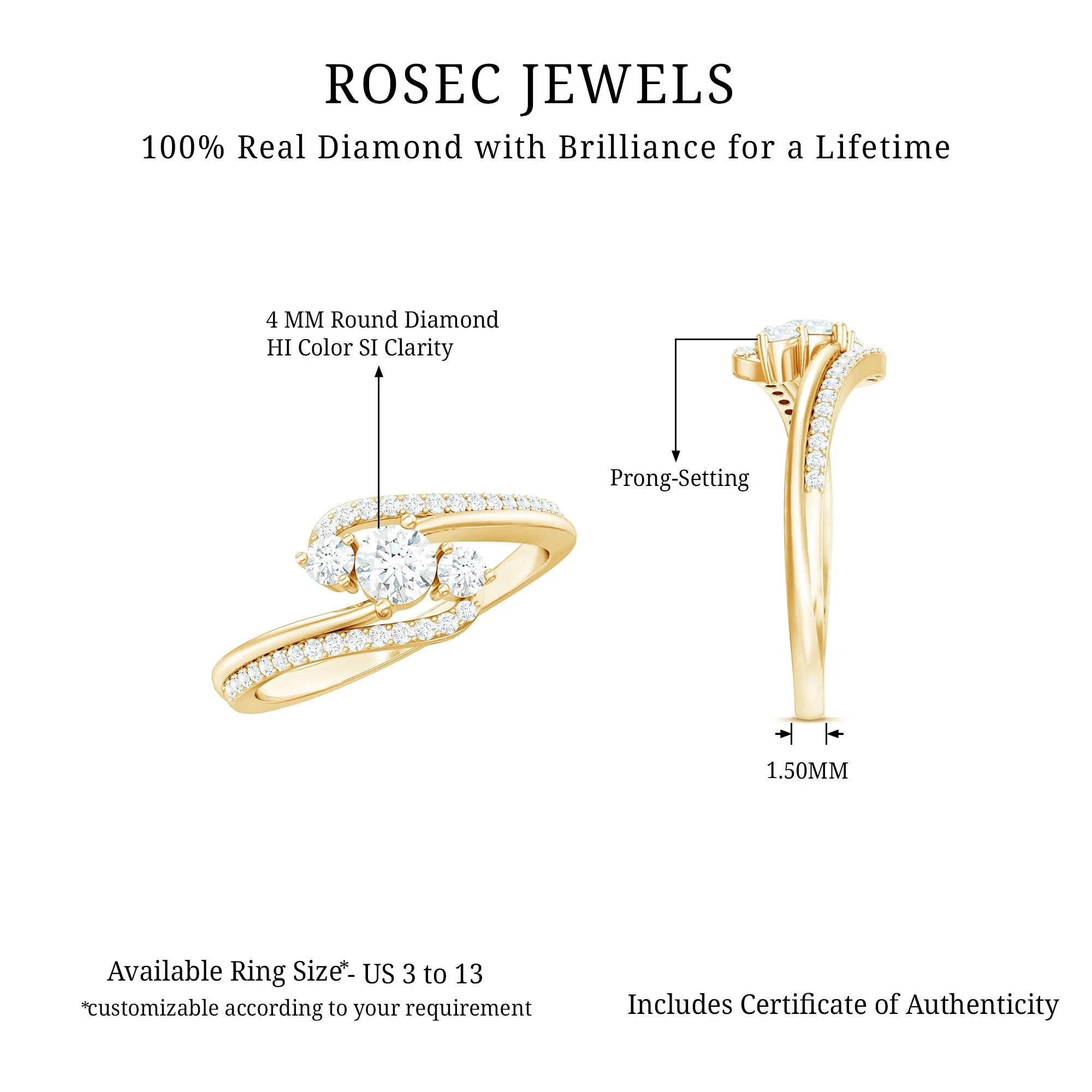 3 Stone Diamond Bypass Engagement Ring