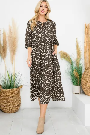 3/4 Sleeve Ribbon Detail Tiered Printed Midi Dress