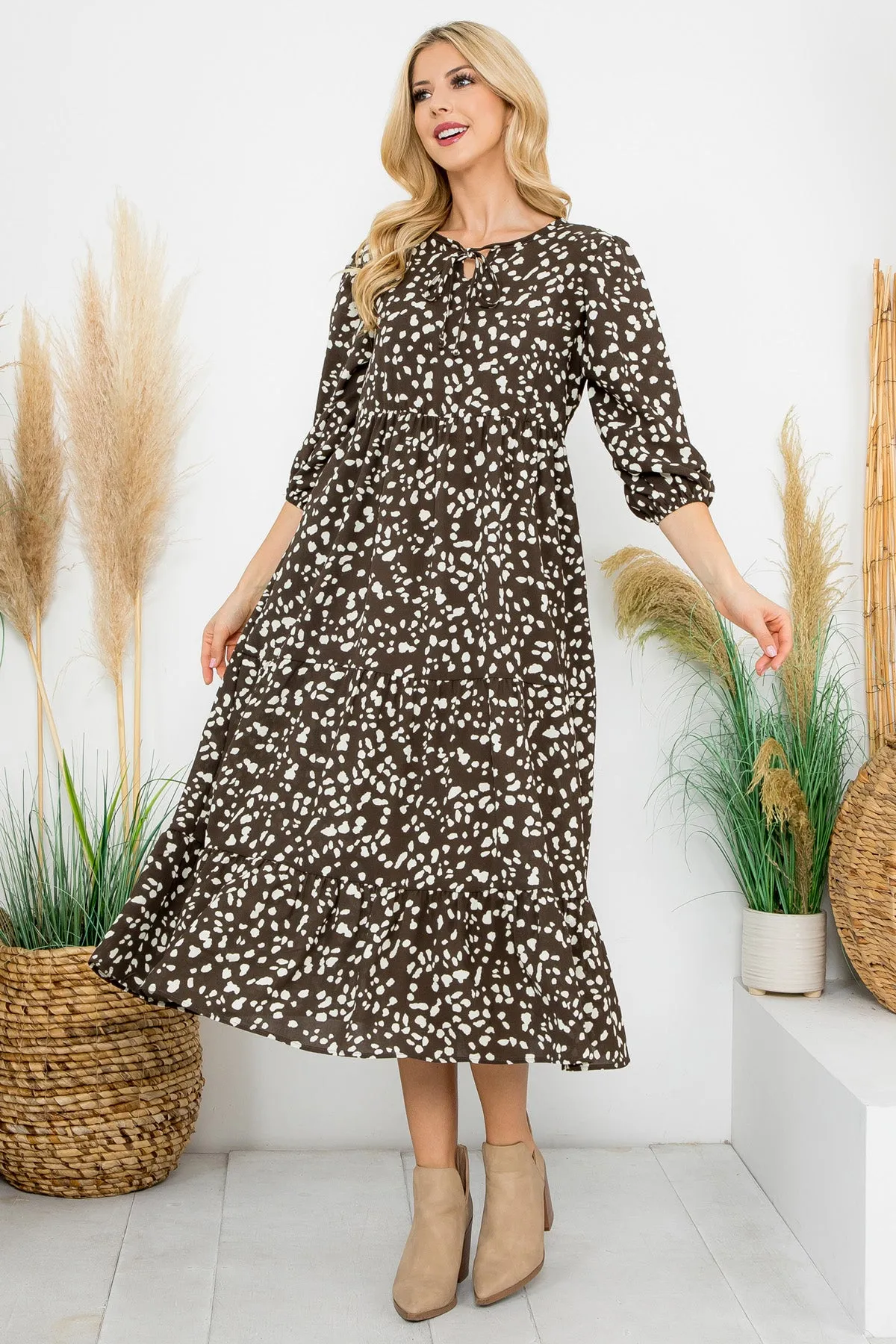 3/4 Sleeve Ribbon Detail Tiered Printed Midi Dress