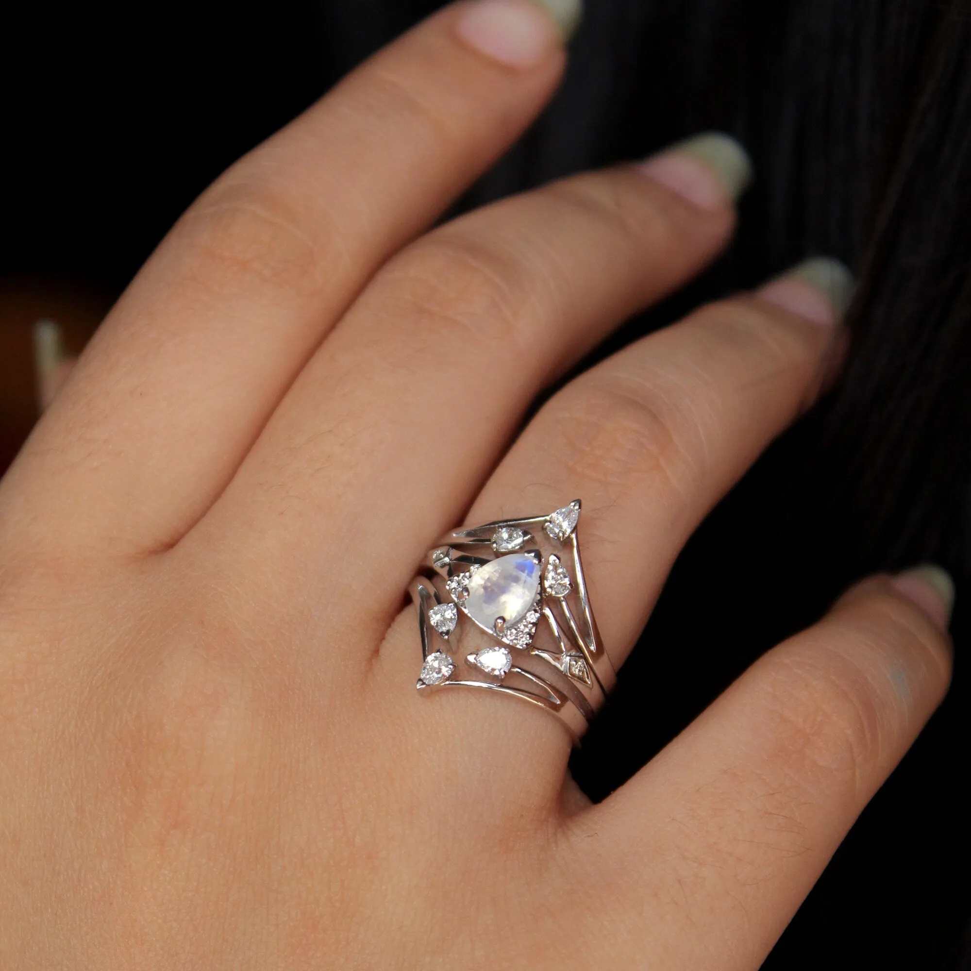 3pc Moonstone and pear Diamond Wedding Engagement Ring Set