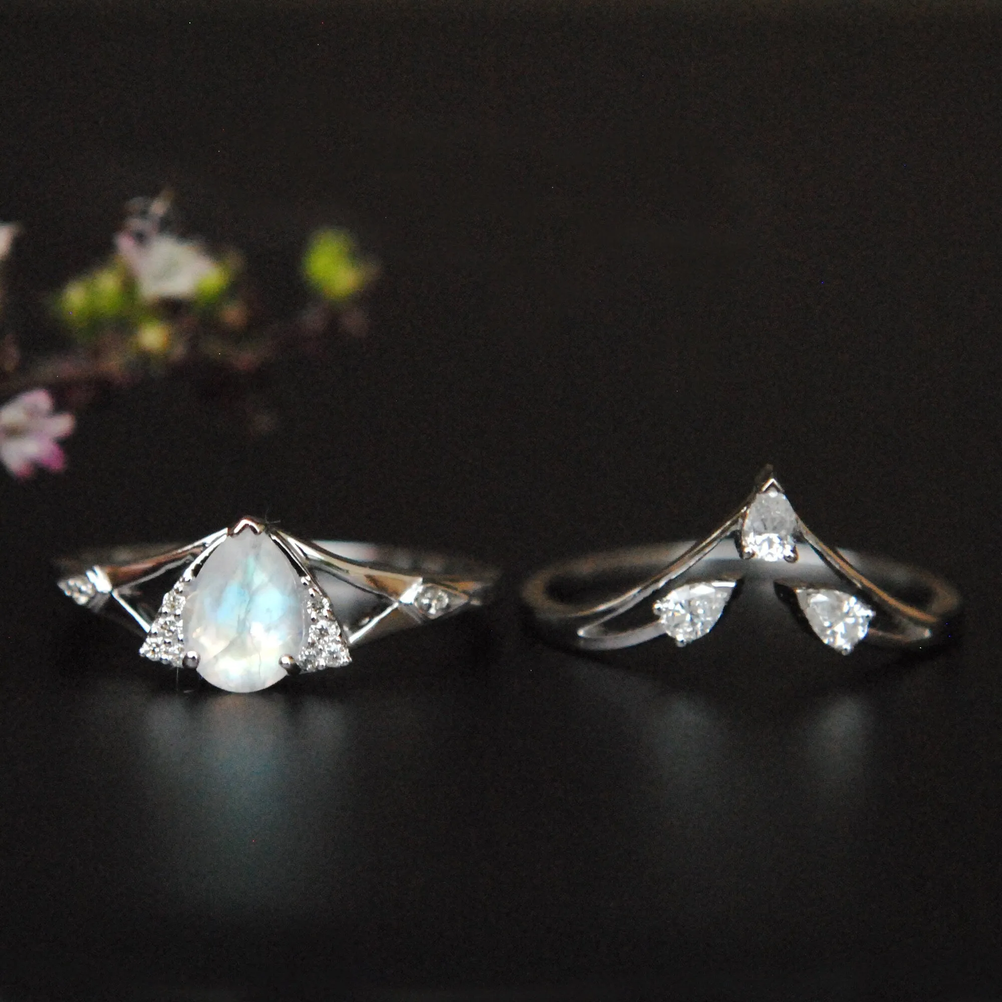3pc Moonstone and pear Diamond Wedding Engagement Ring Set