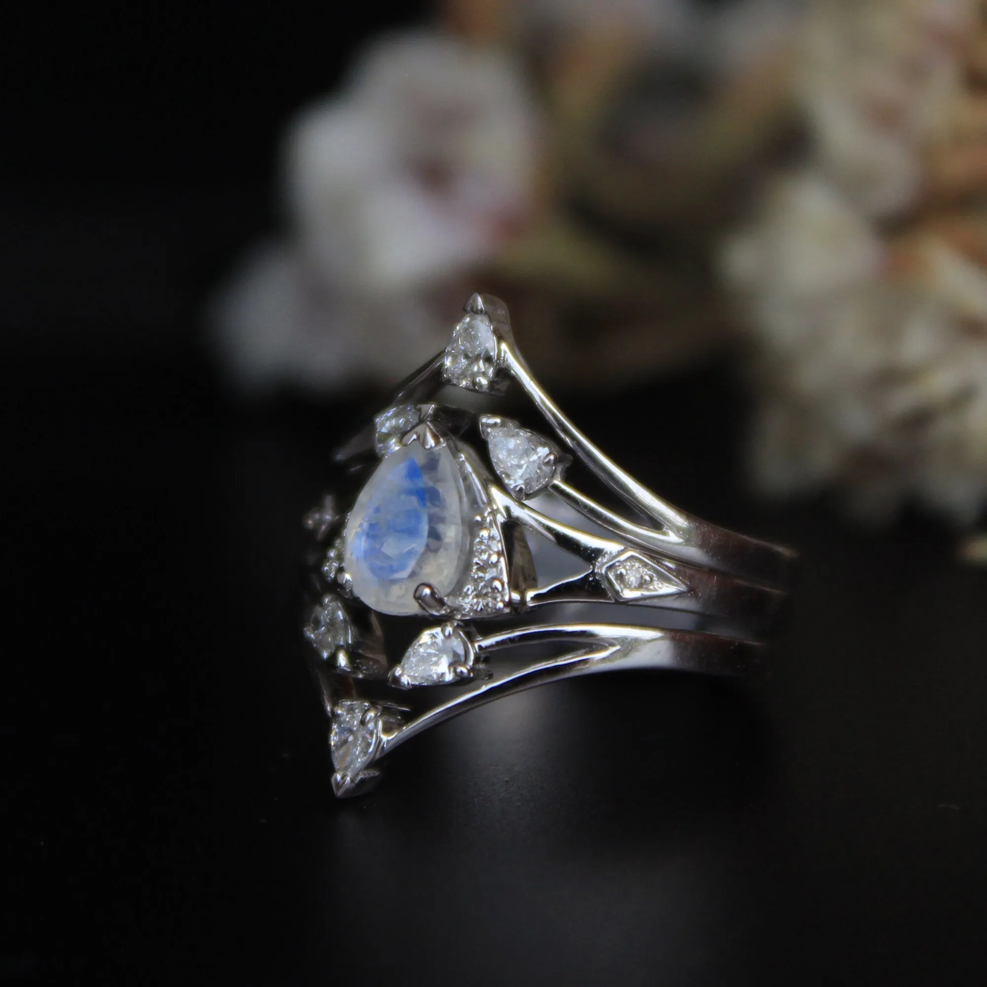 3pc Moonstone and pear Diamond Wedding Engagement Ring Set