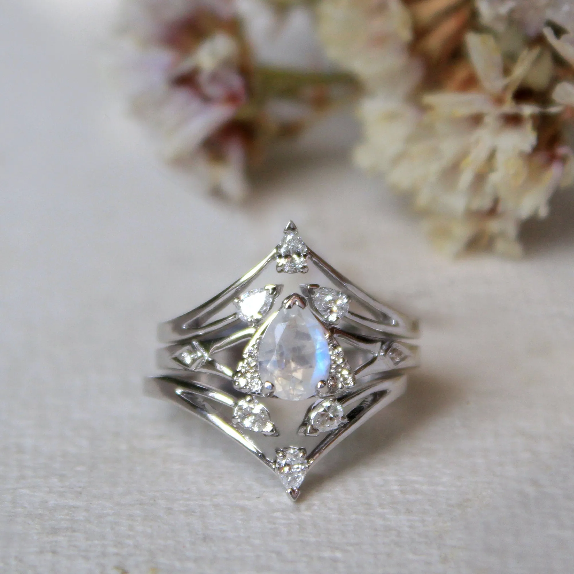 3pc Moonstone and pear Diamond Wedding Engagement Ring Set