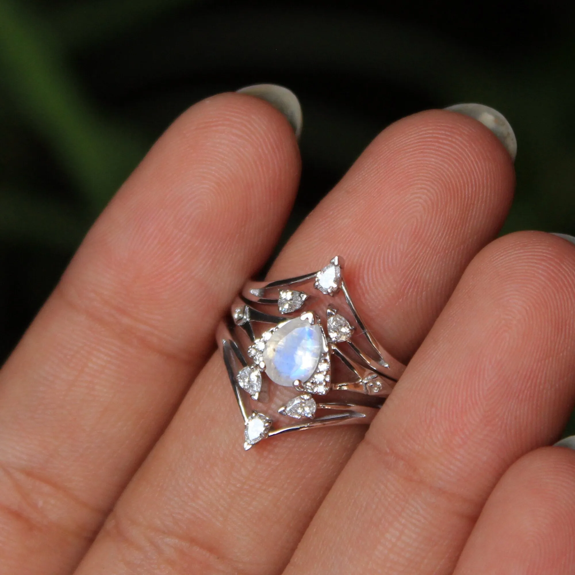 3pc Moonstone and pear Diamond Wedding Engagement Ring Set