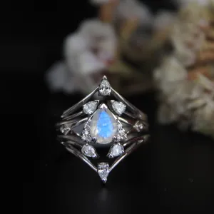 3pc Moonstone and pear Diamond Wedding Engagement Ring Set