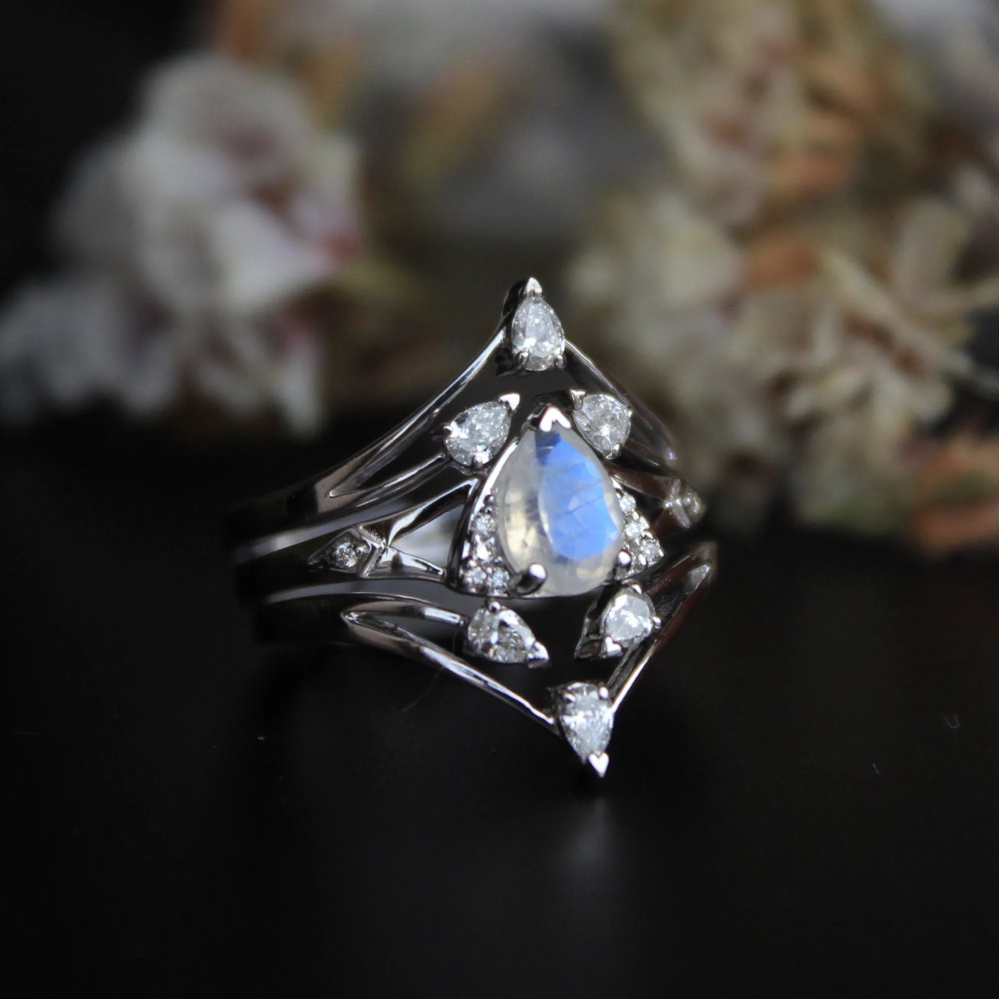 3pc Moonstone and pear Diamond Wedding Engagement Ring Set