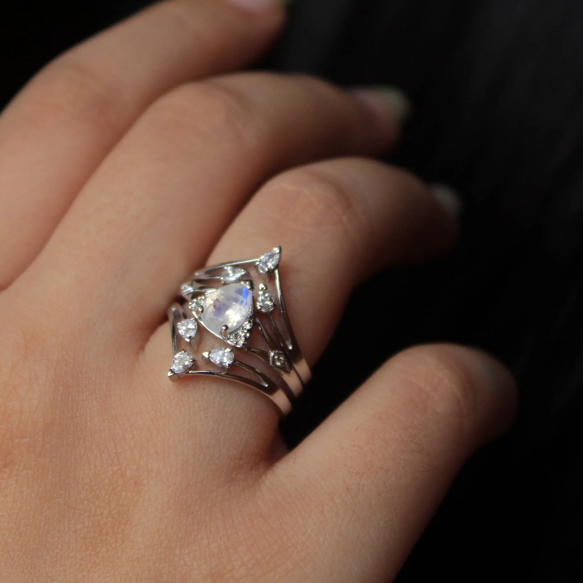 3pc Moonstone and pear Diamond Wedding Engagement Ring Set