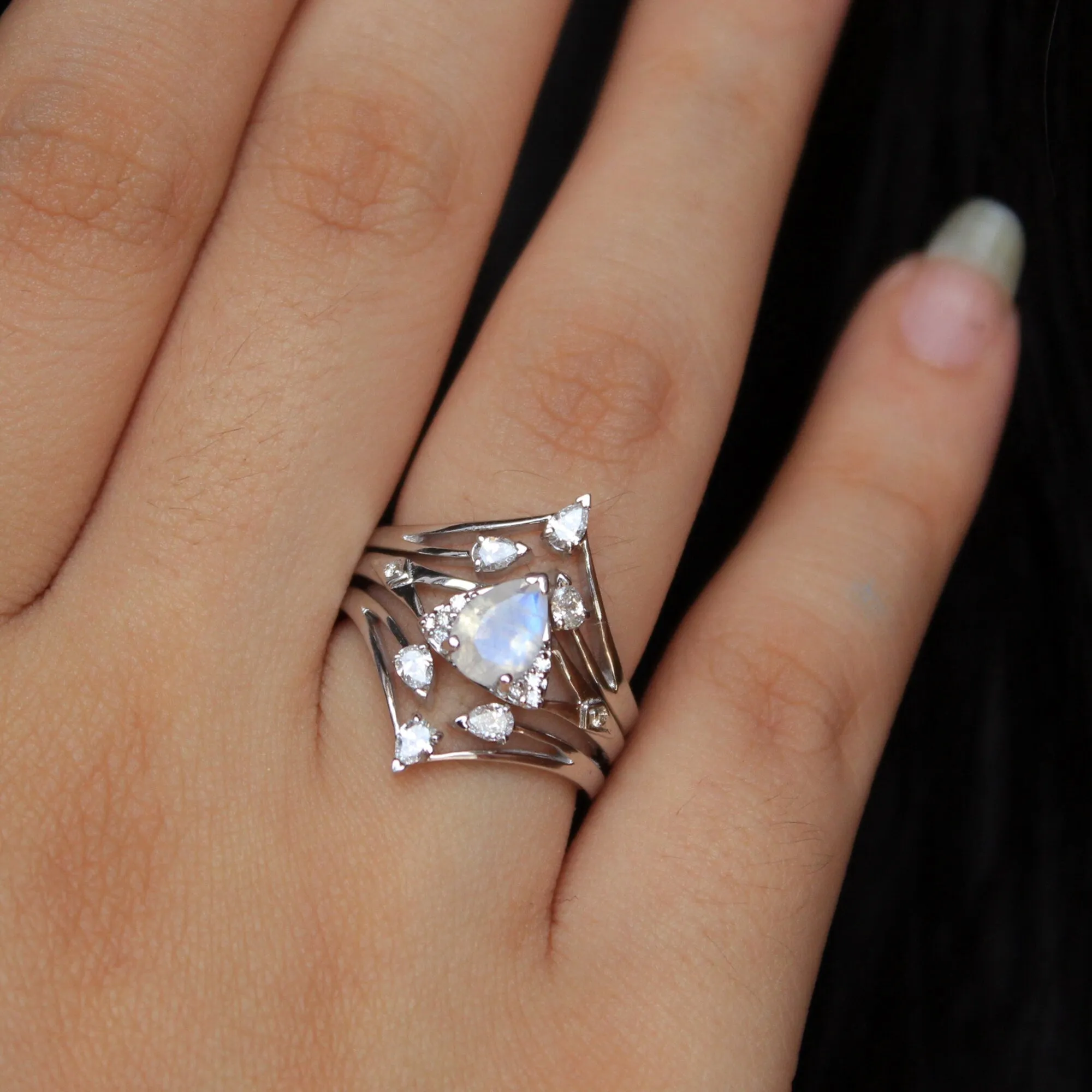 3pc Moonstone and pear Diamond Wedding Engagement Ring Set