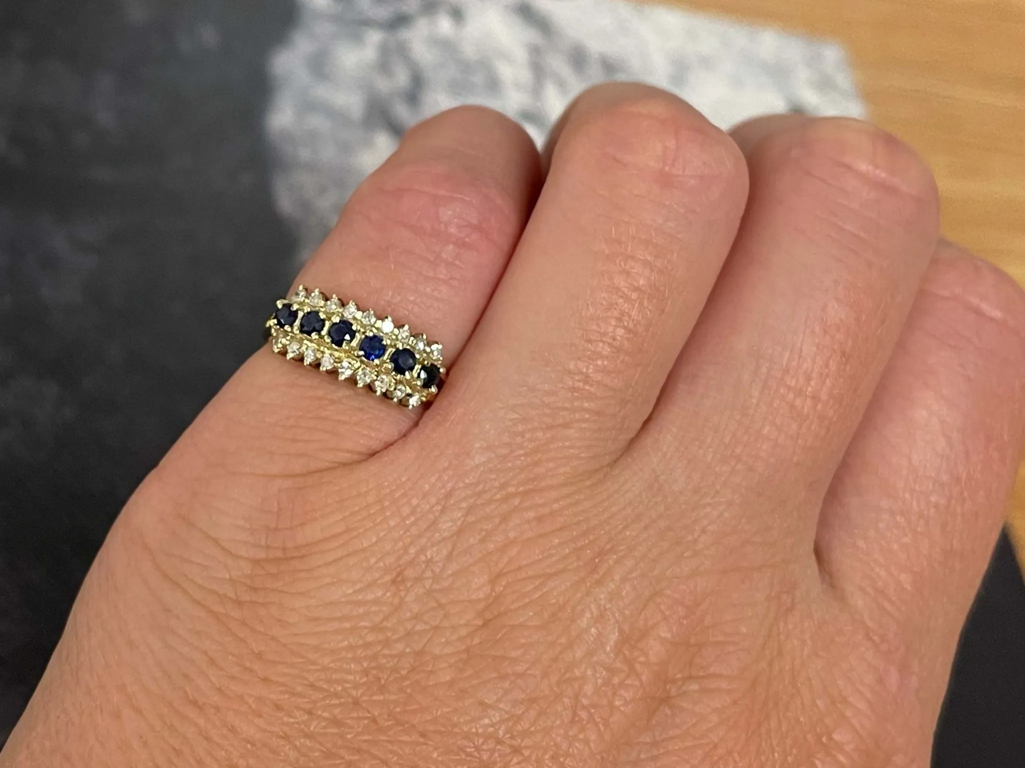 6 Sapphire and Diamond Halo Band Ring in 14k Yellow Gold