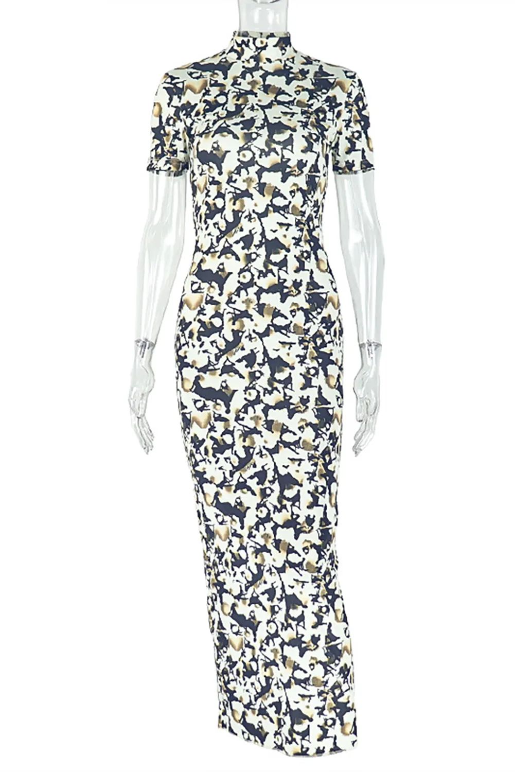 Abstract Print Stand Collar Short Sleeve Open Back Bodycon Midi Dresses-Beige