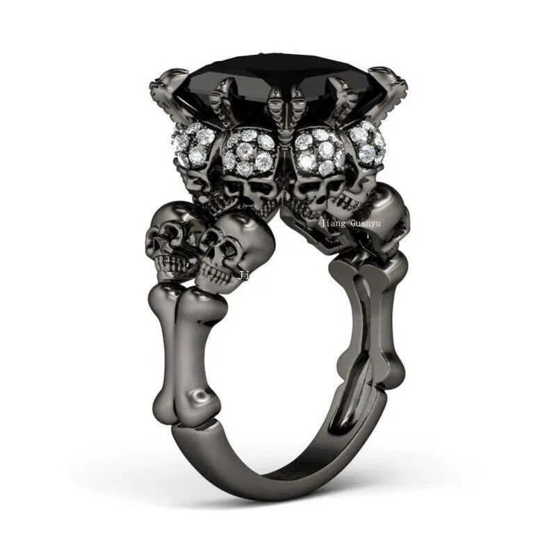 Agate Zircon Rhodium Plated Skull Ring